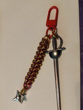 Red & Gold Chain mail Keychain with Sword